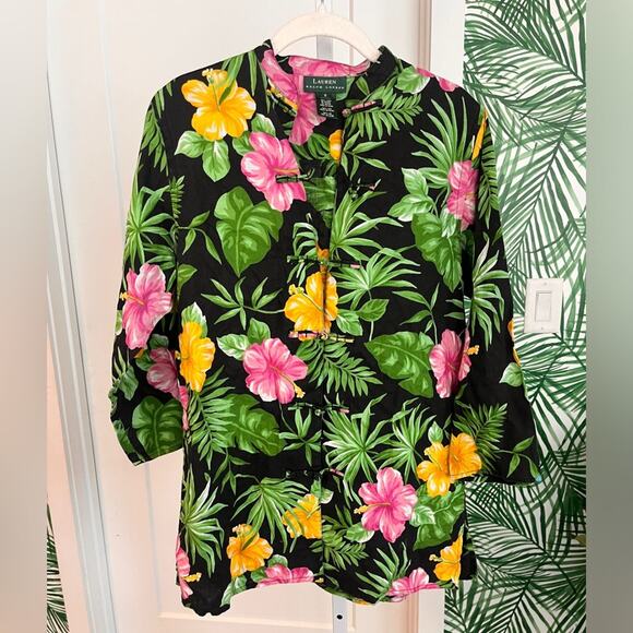 Lauren Ralph Lauren Asian Inspired Floral Linen Tunic Size Small - Picture 2 of 8